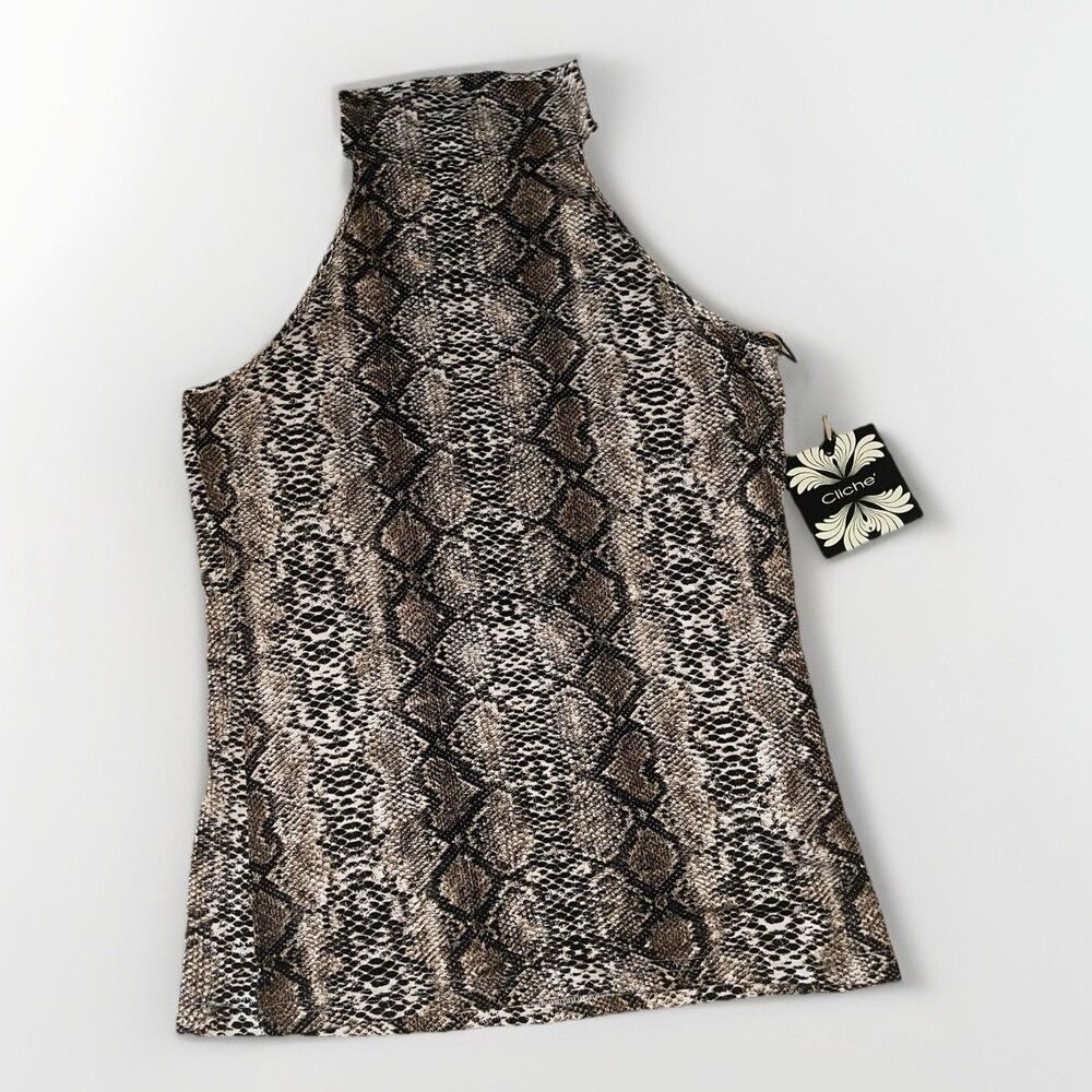 Cliche Animal Print Top Womens Size M Halter Mock Neck Sleeveless Brown Tan Cute